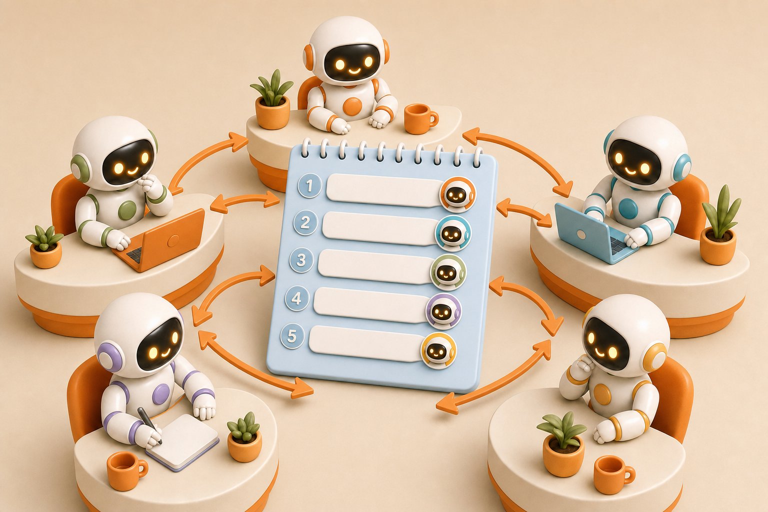Five AI agents around one shared pad, each writing to and reading from it in turn