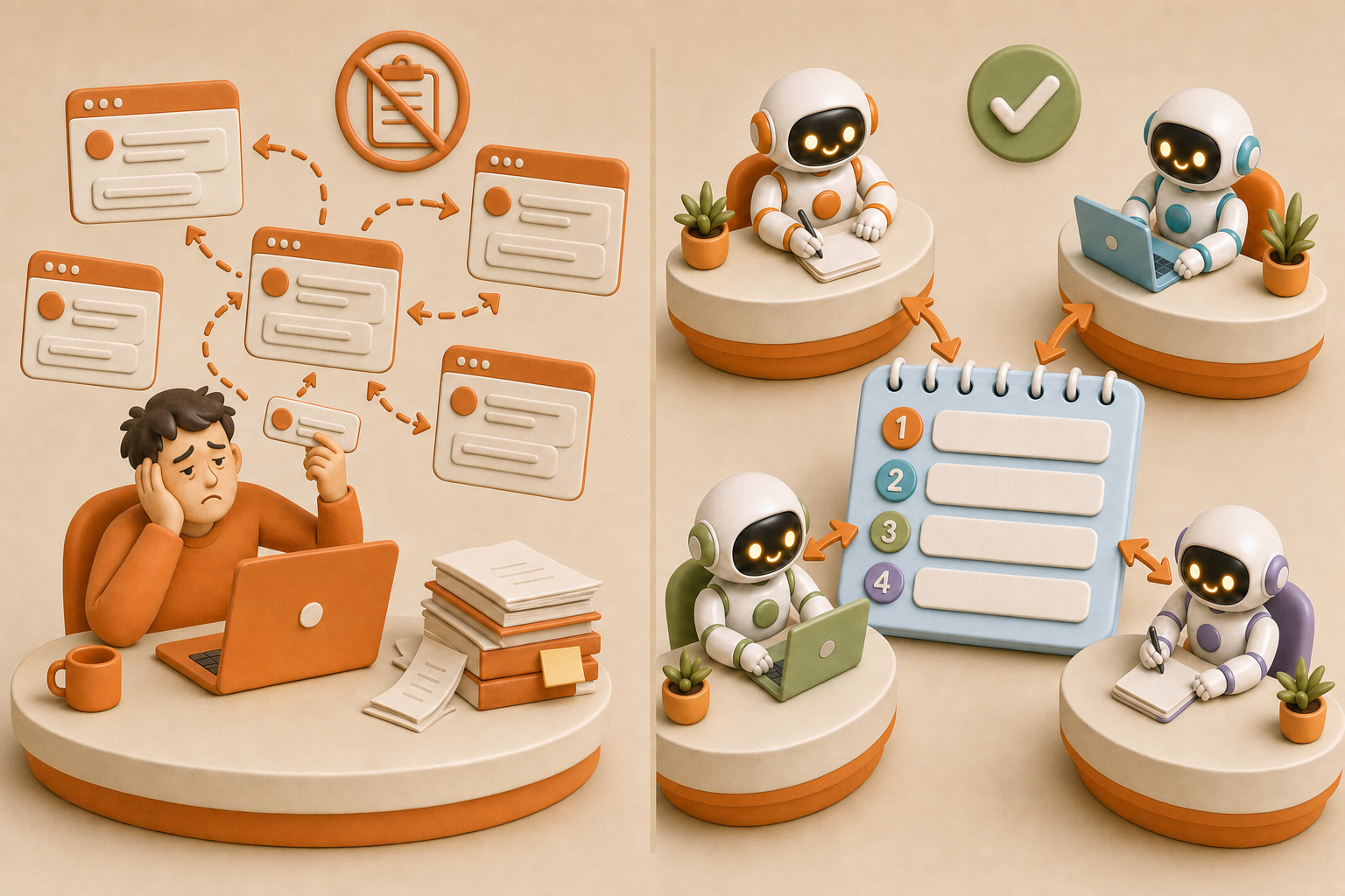 Left: a person hand-carrying one message between five disconnected chat sessions. Right: four agents sharing one pad instead