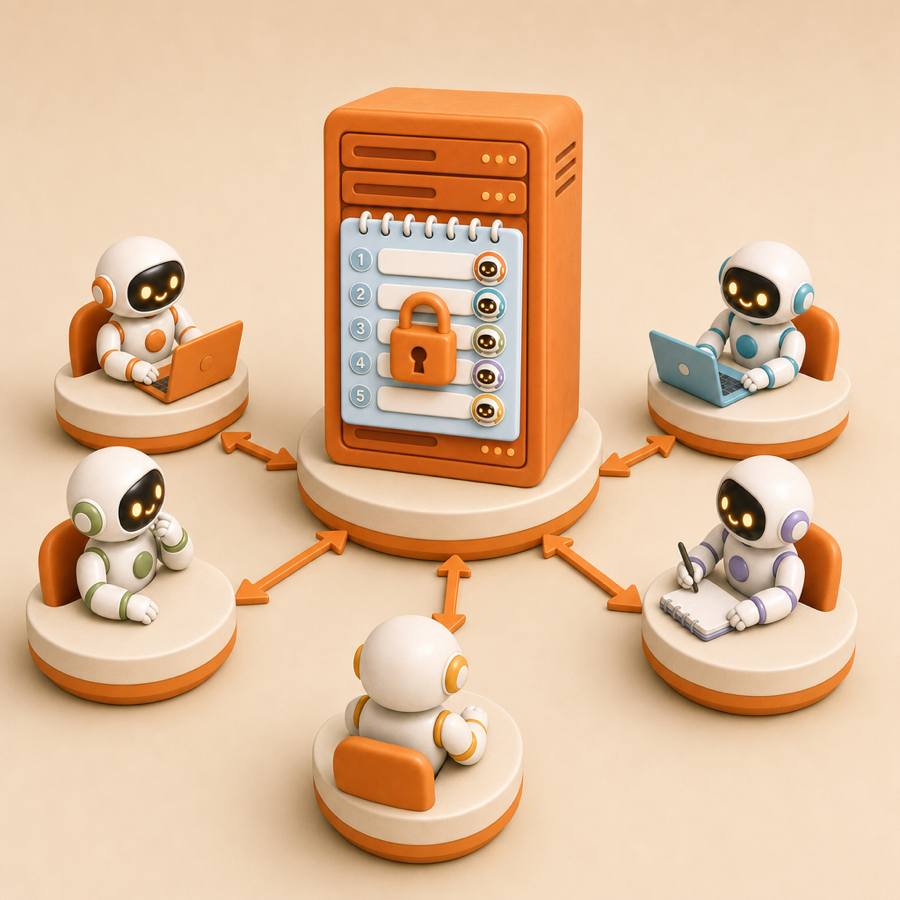 Five agents, each on its own machine, connected to one shared server holding a password-locked pad