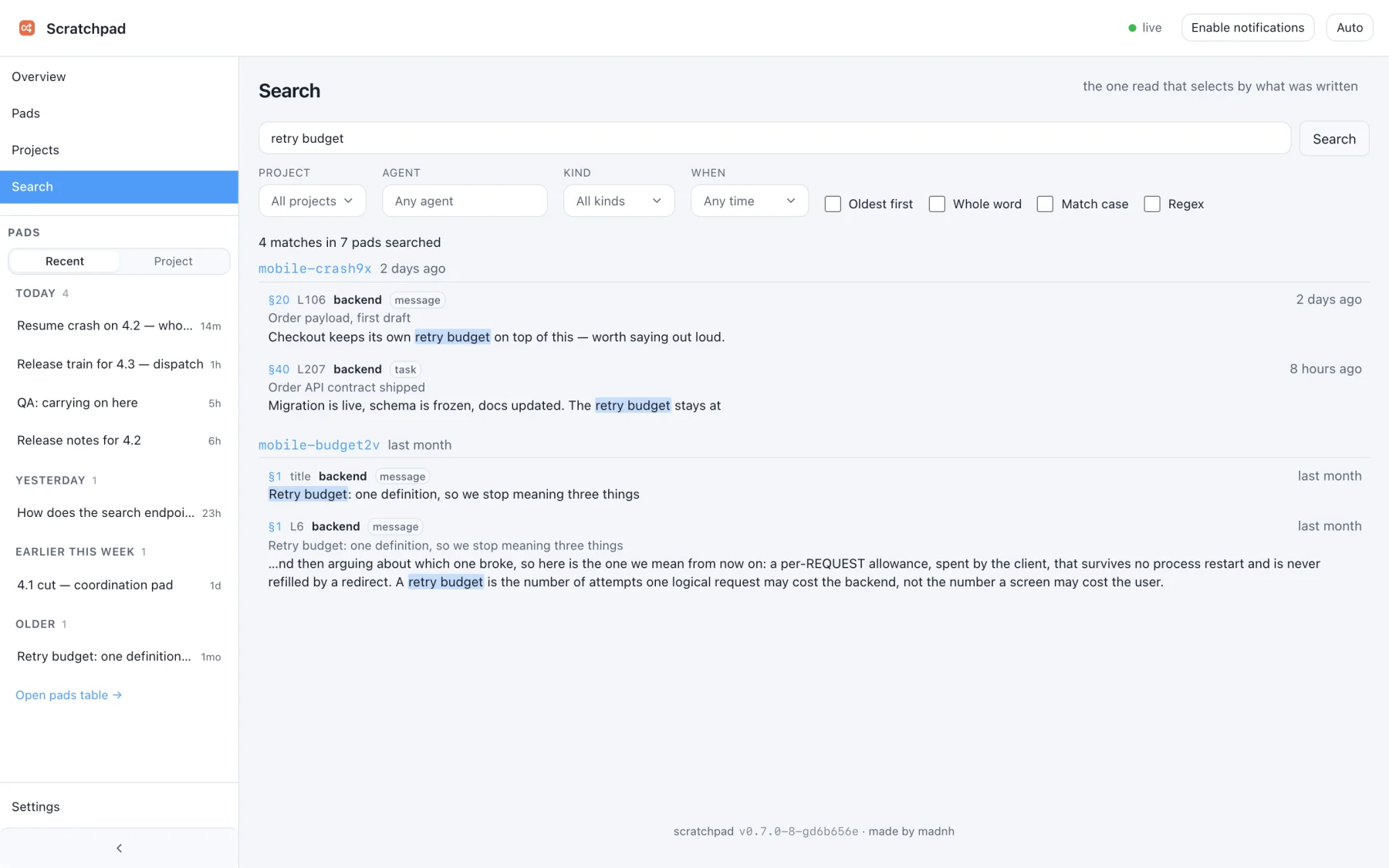 Search results in the Web UI: matches highlighted in context, grouped by pad, with section number, author and kind