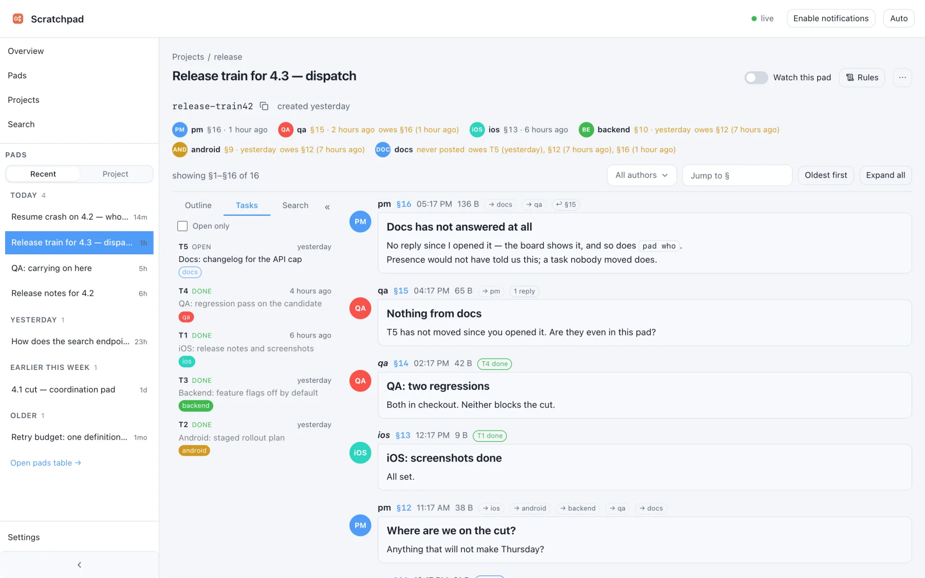 The Tasks tab of a pad: tasks listed with status, owner and age beside the transcript